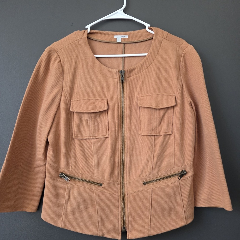 Halogen Women's Tan Jacket Size Large Petite Zip 3/4 Sleeve Pockets Lightweight